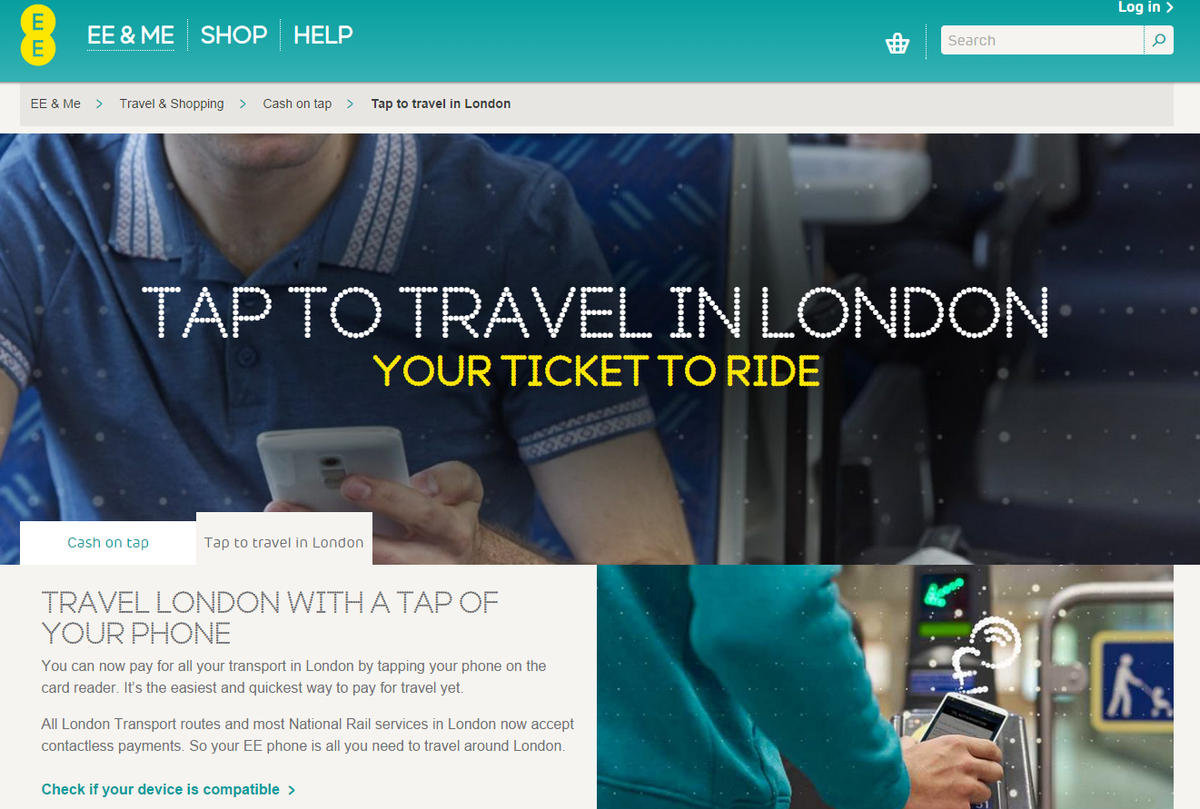 Screenshot of the EE newsletter detailing the announcement that EE are working with TFL to roll out NFC payments from mobiles across the TFL network.
